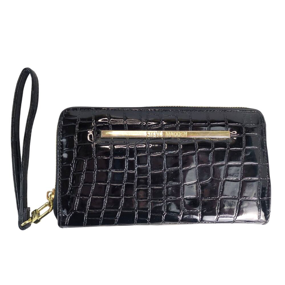 Steve Madden Black Faux Patent Croc‎ Leather Zip Around Clutch Wallet Wristlet
